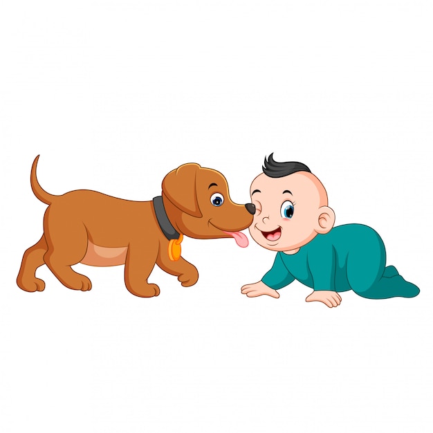 Vector un bebe jugando con perrito