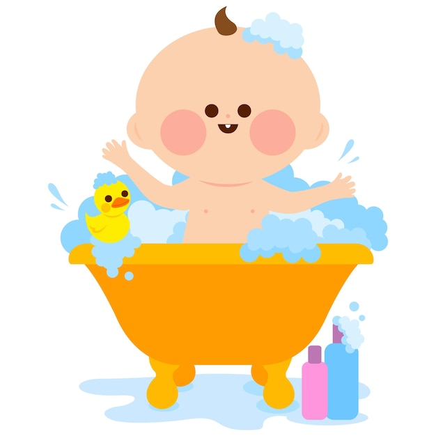 Bebé lindo en una bañera tomando un baño Niño pequeño lavándose en una bañero en el baño