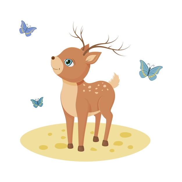 Bebé lindo de los ciervos con y mariposa. Personaje kawaii. Ilustración de niños de vector. Aislado en blanco.