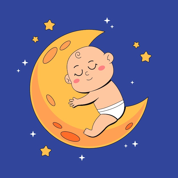 Un bebé lindo durmiendo en la luna bajo el cielo estrellado de la noche