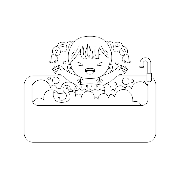 bebé lindo tomando un baño contorno hoja de colorear imprimible