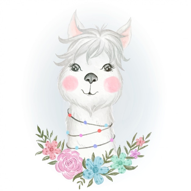 Bebé llama adorable con ilustración floral acuarela