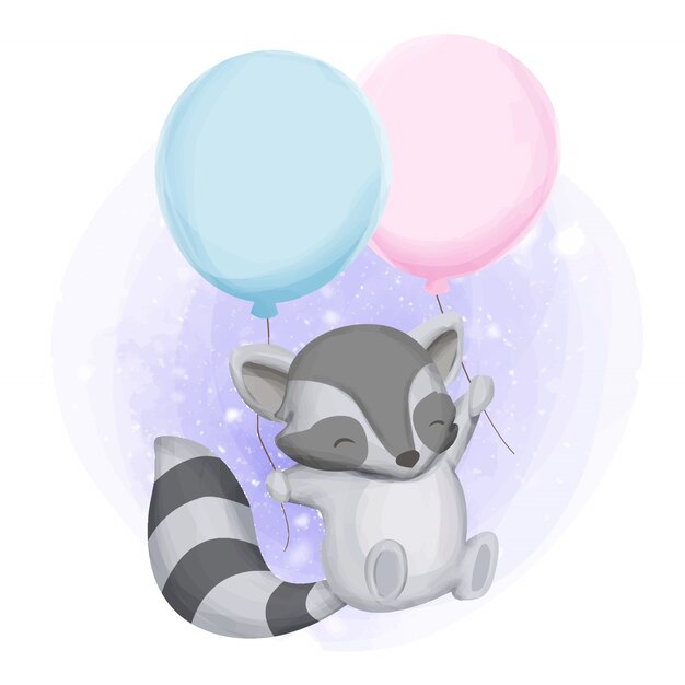 Bebé mapache y dos globos