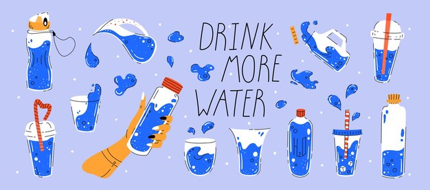 Vector bebe más agua un colorido juego de botellas vasos con agua extraída a mano