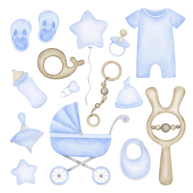 Vector bebé niño recién nacido accesorios clipart colección acuarela mano