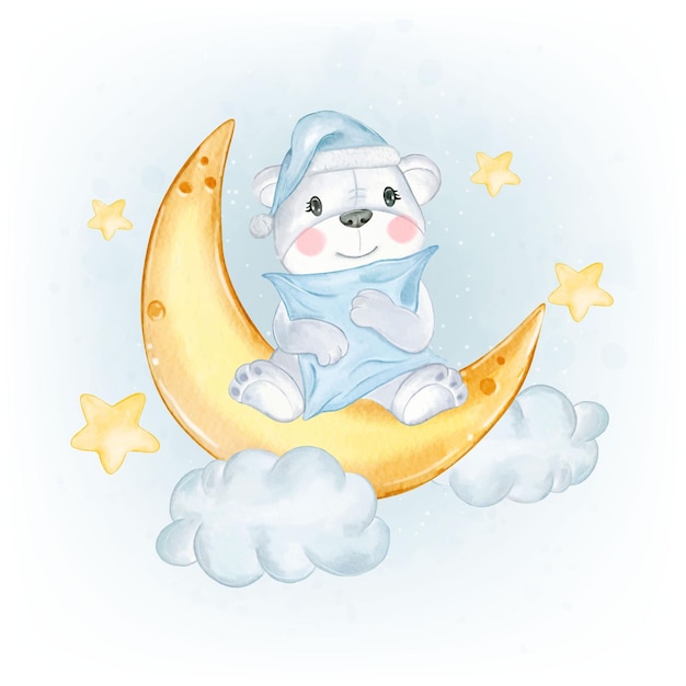 Bebé oso polar sosteniendo almohada en la luna ilustración acuarela