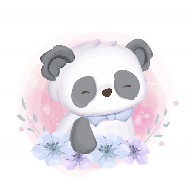 Bebé panda con flores acuarela