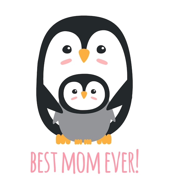Bebé de pingüino vector y texto de la mejor mamá