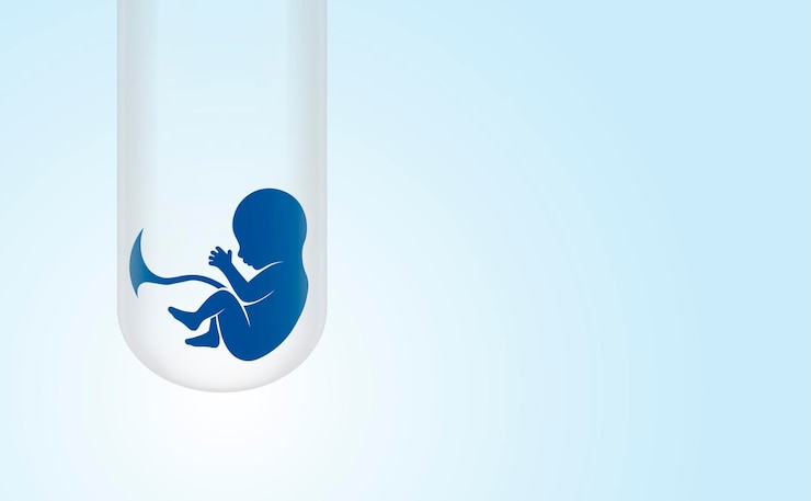 Vector bebé probeta, fiv. pequeño recién nacido en un tubo de vidrio. planificación del embarazo por inseminación artificial. el concepto de fecundación in vitro. antecedentes médicos. copie el espacio ilustración vectorial