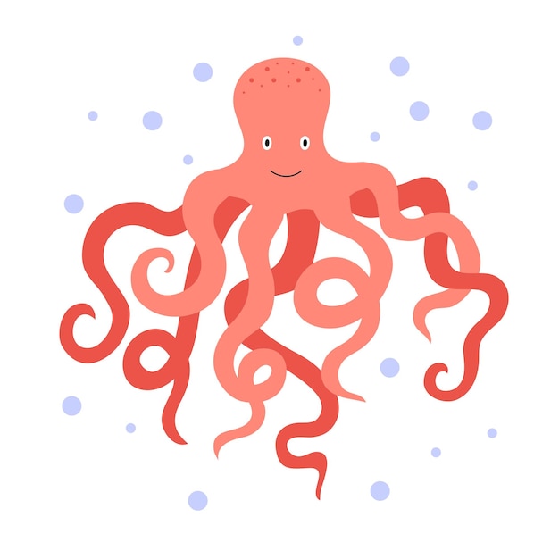 Bebé pulpo sonriente con burbujas de estilo plano Gráficos vectoriales criatura marina con tentáculos lindo personaje animal acuático aislado sobre fondo blanco