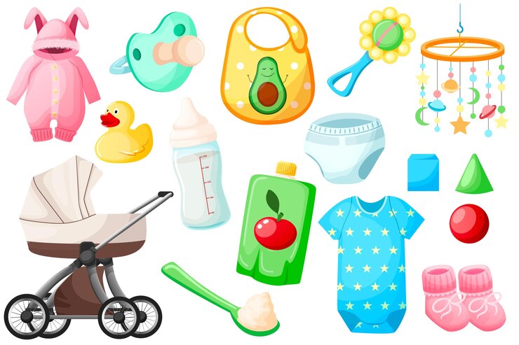 Vector bebé recién nacido niño niño niños conjunto accesorios aislados deslizadores chupete sonajero sueño juguete cochecito botines puré comida nutrición pañales botella cubos pato amarillo vector ilustración
