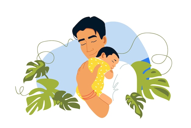 Bebé recién nacido con el padre plantilla de la postal del día del padre de familias asiáticas
