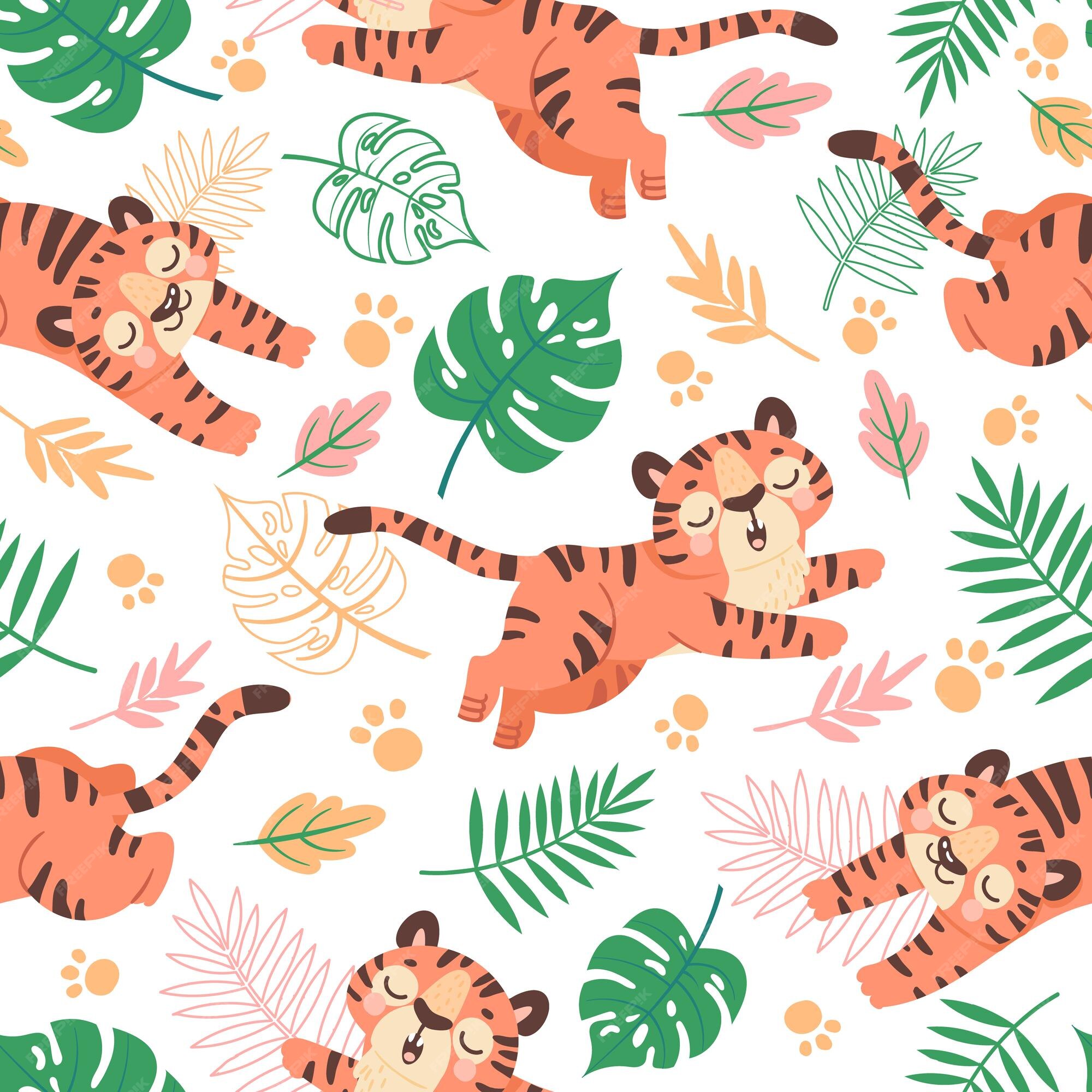 Bebé tigre de patrones sin fisuras. tigres de dibujos animados infantiles,  pata y hojas tropicales. animales de la selva, gatos salvajes, papel tapiz  de vector para niños. fondo de pantalla de patrón