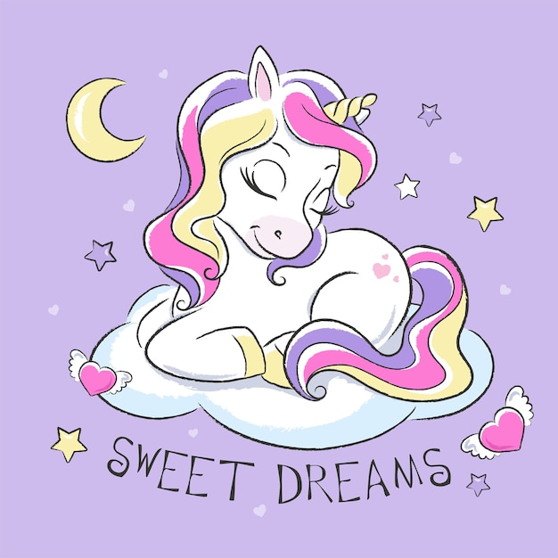 Bebé unicornio durmiendo en una nube con luna y estrellas