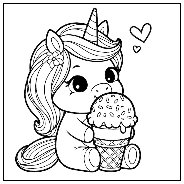 Vector un bebé unicornio con helado página de colorear