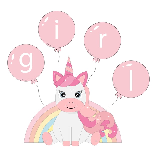 Bebé unicornio con pelo rosa globos con la niña de texto