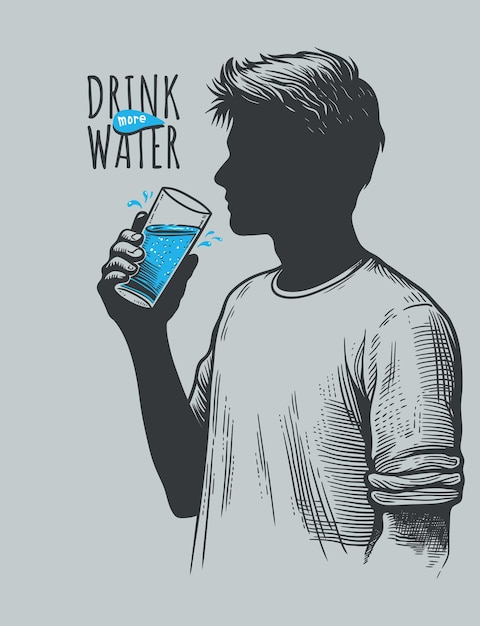 Beber agua Ilustración vectorial dibujada a mano de un hombre bebiendo agua