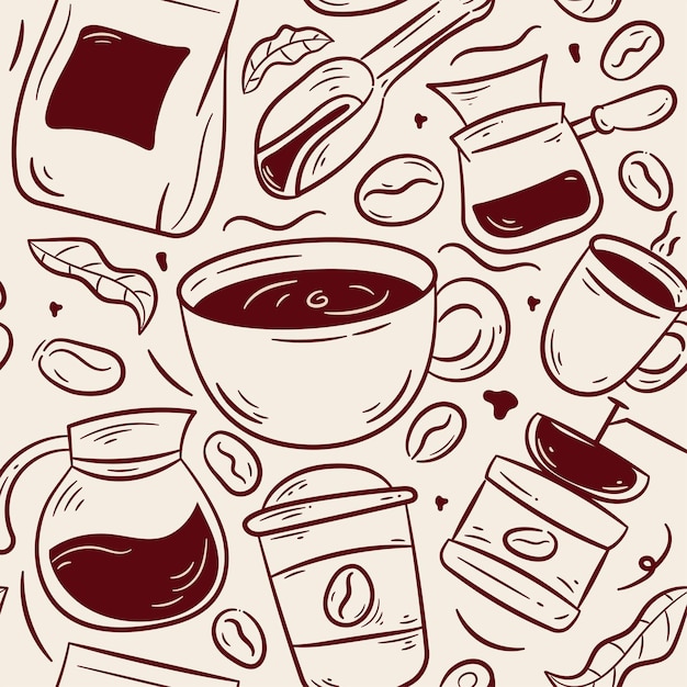 Beber café Doodle patrón sin costuras granos de café patrón dibujado a mano
