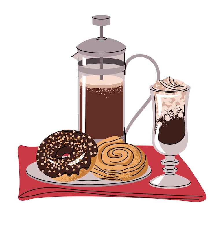 Vector beber café prensa francesa rosquilla y pan en fondo aislado composición vectorial de desayuno almuerzo en estilo de dibujos animados plano hora del café pausa para el café