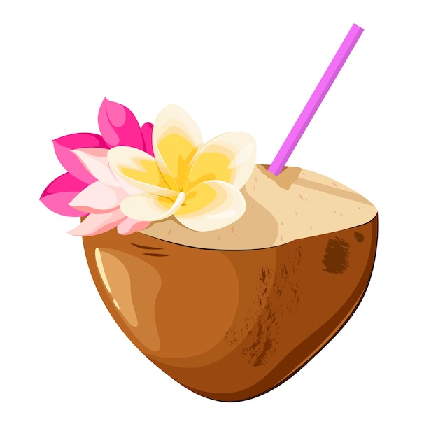 Vector beber coco con flores tropicales sobre un fondo blanco leche de coco de verano