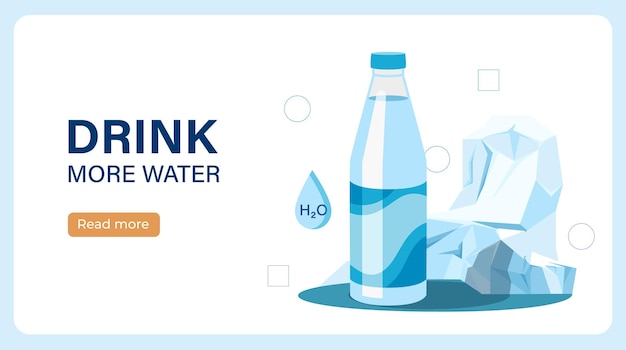 Beber más agua cartel agua pura y limpia en botella de plástico Cita motivacional e inspiradora Diseño de página de aterrizaje Estilo de vida saludable Ilustración vectorial plana