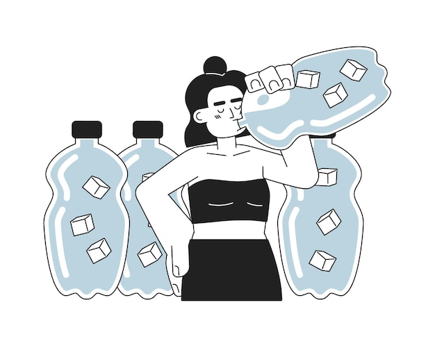 Beber más agua concepto monocromático vector spot ilustración mujer latina bebiendo de una botella de agua 2d plano bw personaje de dibujos animados para diseño de interfaz de usuario web permanecer fresco aislado editable imagen de héroe dibujada a mano