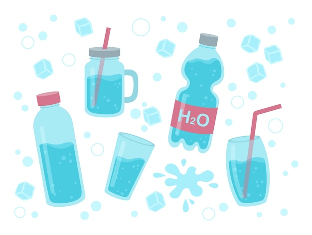 Beber más agua conjunto de concepto de agua en botella de vidrio botella de plástico vidrio hielo y gotas de agua
