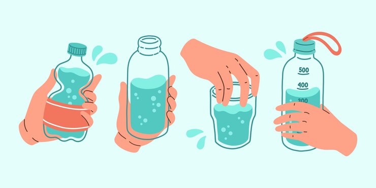 Vector beber más agua set h2o ilustración vectorial botellas de agua de dibujos animados deportes y agua de botella de vidrio