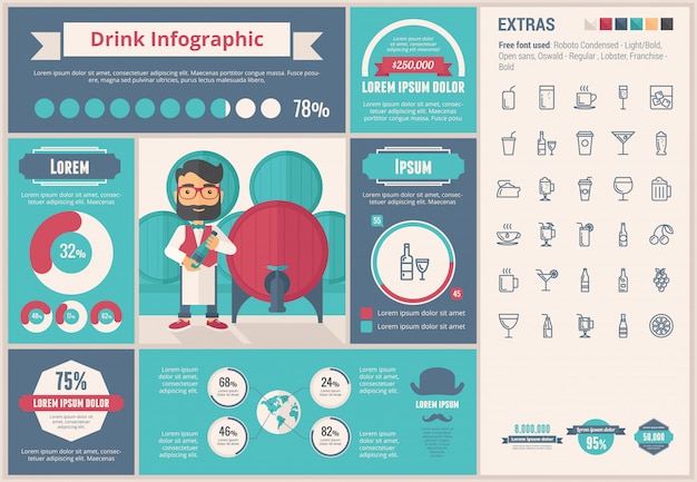 Vector beber plantilla de infografía diseño plano y conjunto de iconos