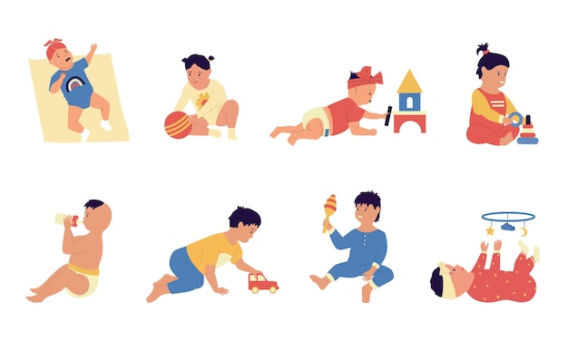 Bebés recién nacidos de dibujos animados y actividades para niños pequeños Niños pequeños sentados jugando con juguetes y comiendo de la botella Etapas de crecimiento o desarrollo de bebés adorables conjunto de vectores