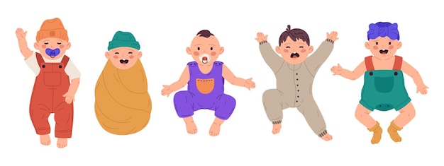 Bebés recién nacidos Niños pequeños y niñas sonriendo y llorando niños pequeños divertidos bebés usando ropa de bebé lindo conjunto de vectores de dibujos animados planos