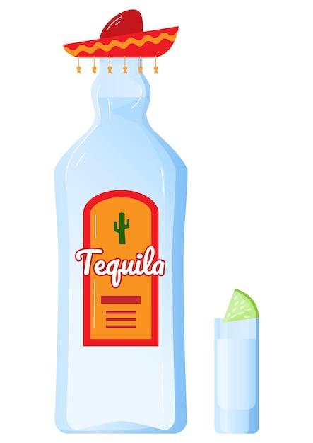 Bebida de alcohol de botella de tequila aislada en estilo plano de diseño de fiesta de bar mexicano líquido de vidrio blanco