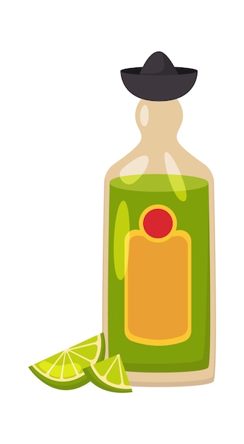Vector bebida de alcohol de tequila con ilustración plana de lima bebida tradicional mexicana