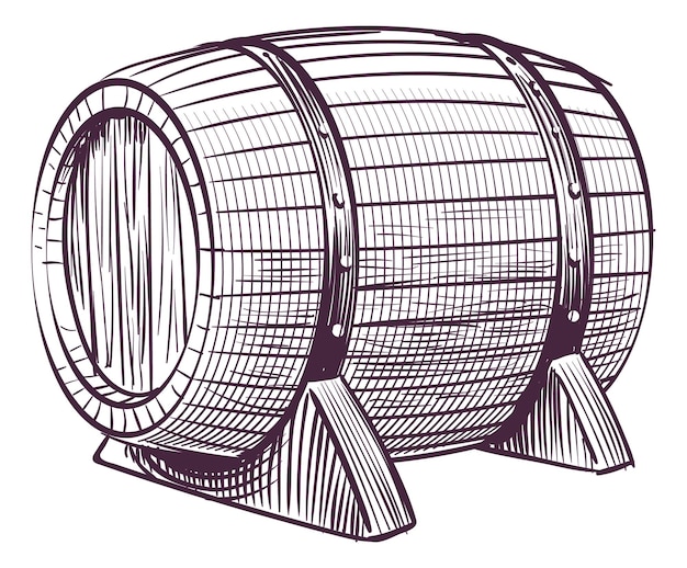Vector bebida alcohólica barril grabado viñedo o símbolo de barra aislado sobre fondo blanco