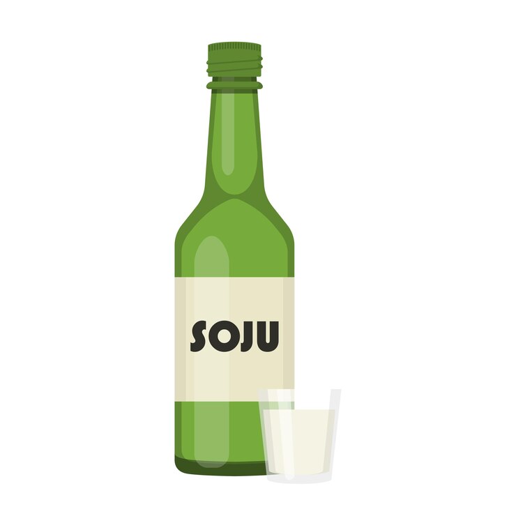 Vector bebida alcohólica coreana soju botella de vidrio y taza ilustración de dibujos animados
