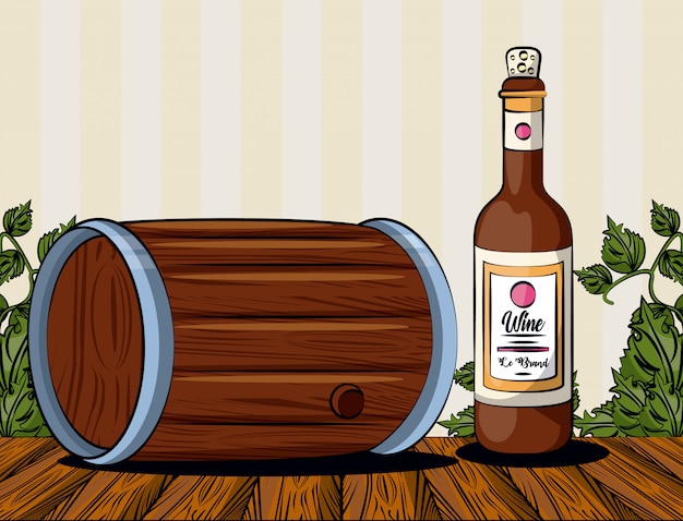 Vector bebida de barril de vino con diseño de ilustración vectorial de botella