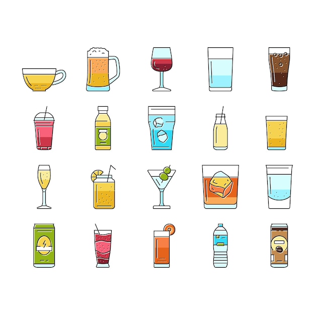 Bebida bebida jugo agua dulce iconos conjunto vector