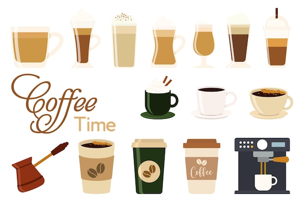 Bebida de café caliente y fría Diferentes tipos de bebidas conjunto de taza de espresso americano icono plano