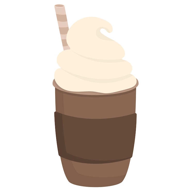Vector bebida de café para ir con crema batida y paja de cóctel aislada sobre fondo blanco.