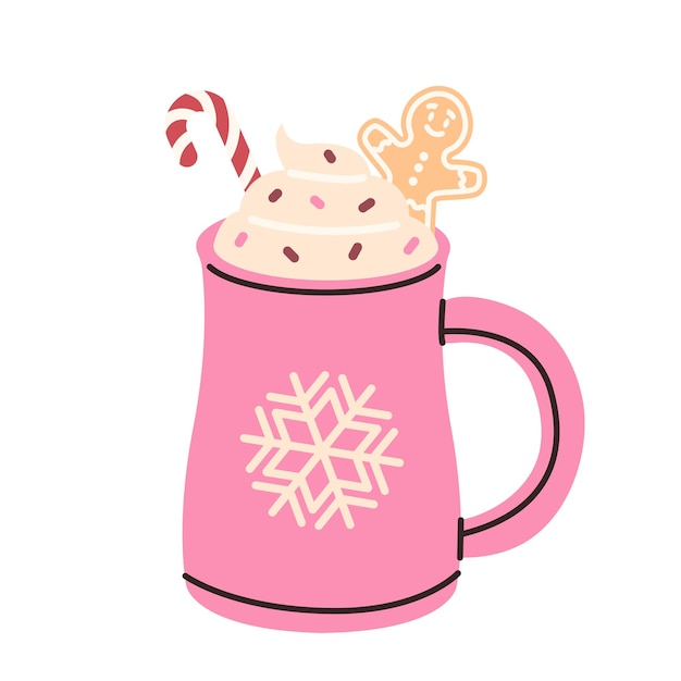 Bebida caliente de invierno Beber con crema y pan de jengibre Cocoa taza de Navidad acogedora