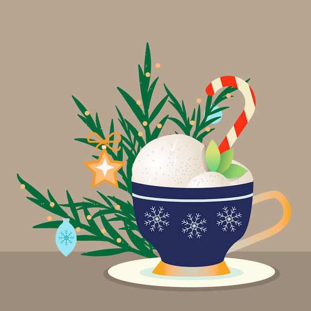Vector bebida caliente navideña. café con leche y piruleta de navidad en una taza festiva decorada con copos de nieve