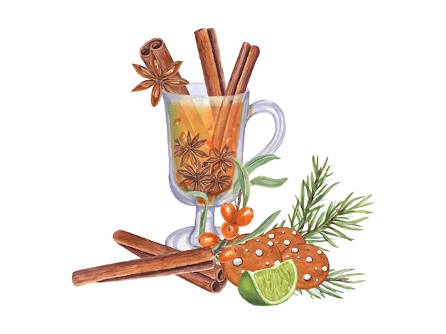 Bebida caliente navideña con limón bayas de espino amarillo canela anís estrella galletas de pan de jengibre y rama de abeto Ilustración dibujada a mano de la bebida y la decoración