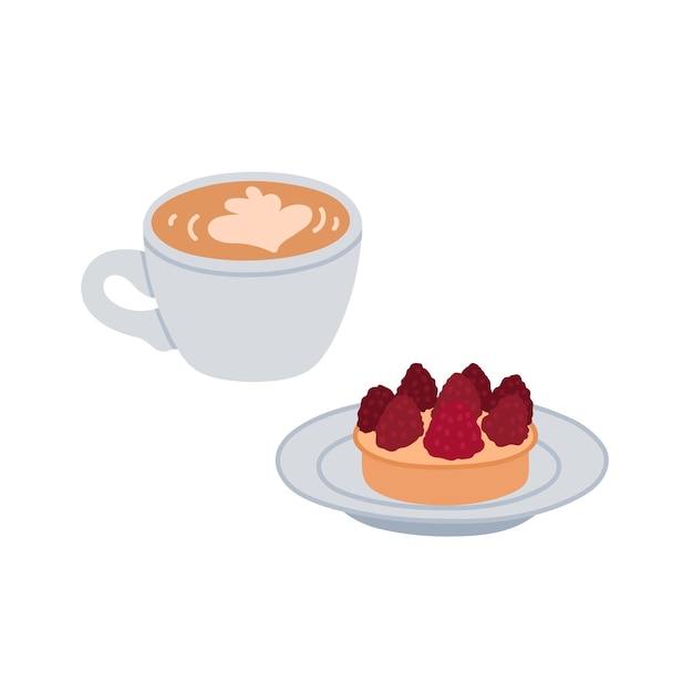 Vector bebida caliente con pastel dulce café capuchino o latte y pastel de postre con frambuesas