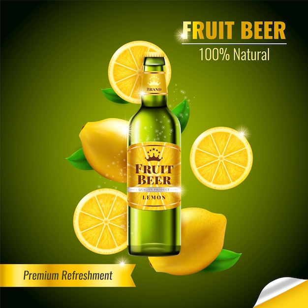 Bebida de cerveza de frutas pancarta publicitaria realista bebida fresca de limón o limón anuncio de producto de alcohol compra premium cerveza de espuma fría botella de vidrio plantilla de diseño de fondo de venta al por menor vectorial
