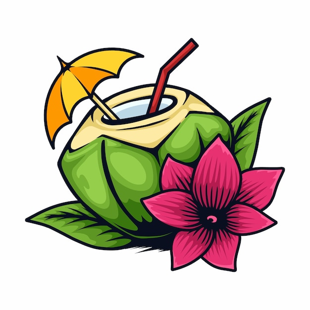 Bebida de coco con dibujo vectorial de flores