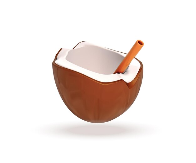 Bebida de coco con icono de vector de paja en 3D