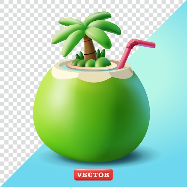Bebida de coco joven con isla dentro de vector 3D Adecuada para anuncios de vacaciones y elementos de diseño