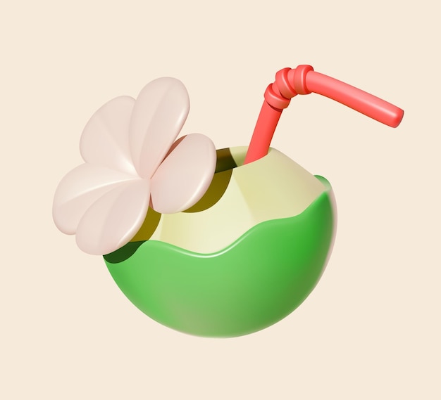 Bebida de coco tropical en 3D con flor y paja