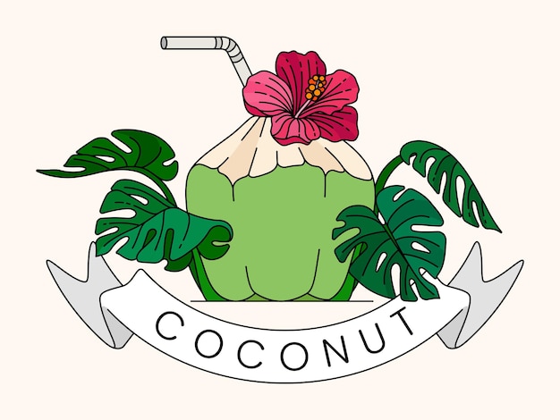 Bebida de coco verde con monstera e hibisco en estilo vintage para diseños de playa de verano