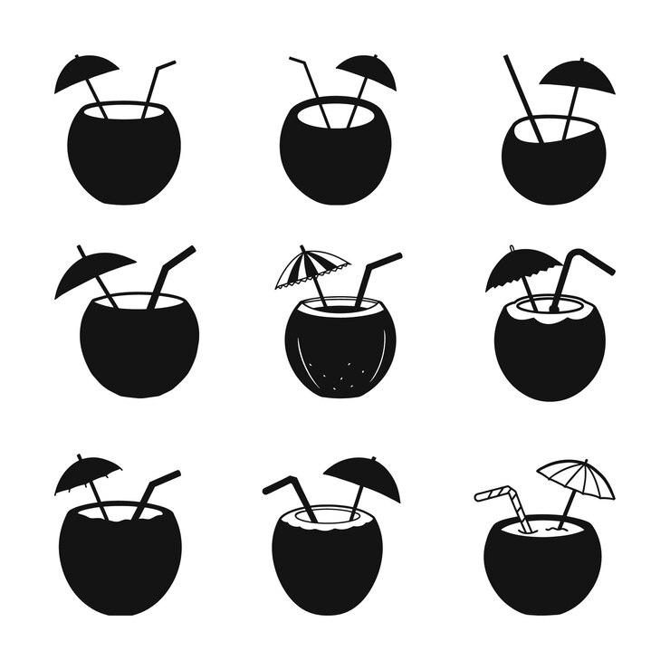 Vector bebida de cóctel de agua de coco paraguas de paja silueta vectorial